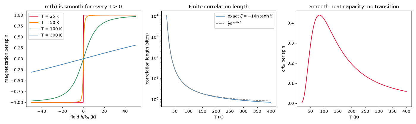 m(h) is smooth for every T > 0, Finite correlation length, Smooth heat capacity: no transition