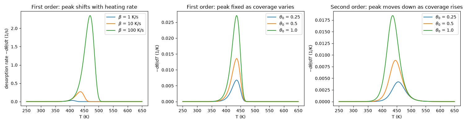 First order: peak shifts with heating rate, First order: peak fixed as coverage varies, Second order: peak moves down as coverage rises