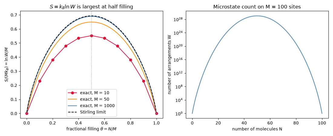 $S = k_B \ln W$ is largest at half filling, Microstate count on M = 100 sites