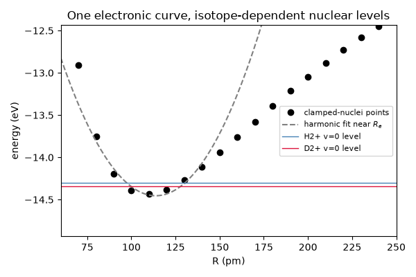 One electronic curve, isotope-dependent nuclear levels