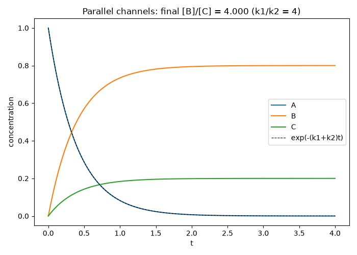 Parallel channels: final [B]/[C] = 4.000 (k1/k2 = 4)