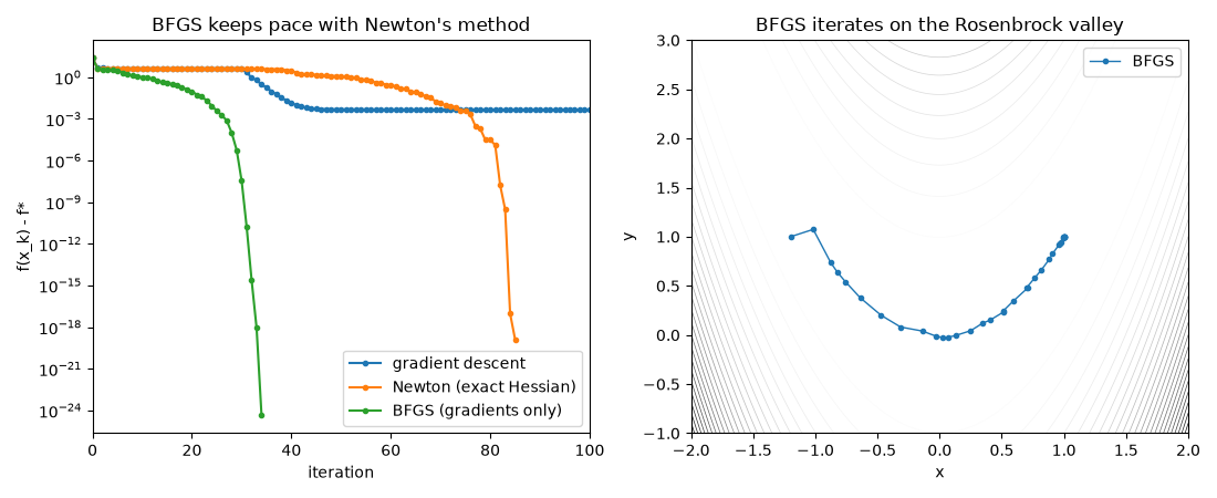 BFGS keeps pace with Newton's method, BFGS iterates on the Rosenbrock valley