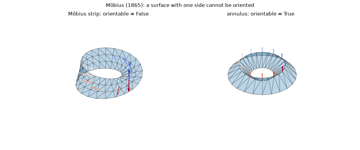 Möbius (1865): a surface with one side cannot be oriented, Möbius strip: orientable = False, annulus: orientable = True