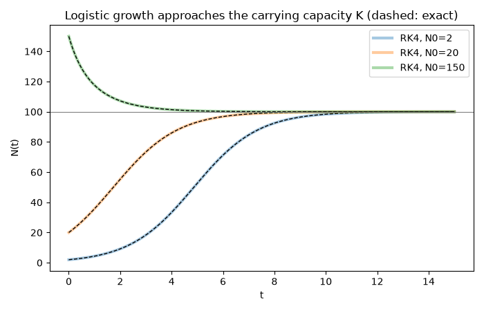 Logistic growth approaches the carrying capacity K (dashed: exact)