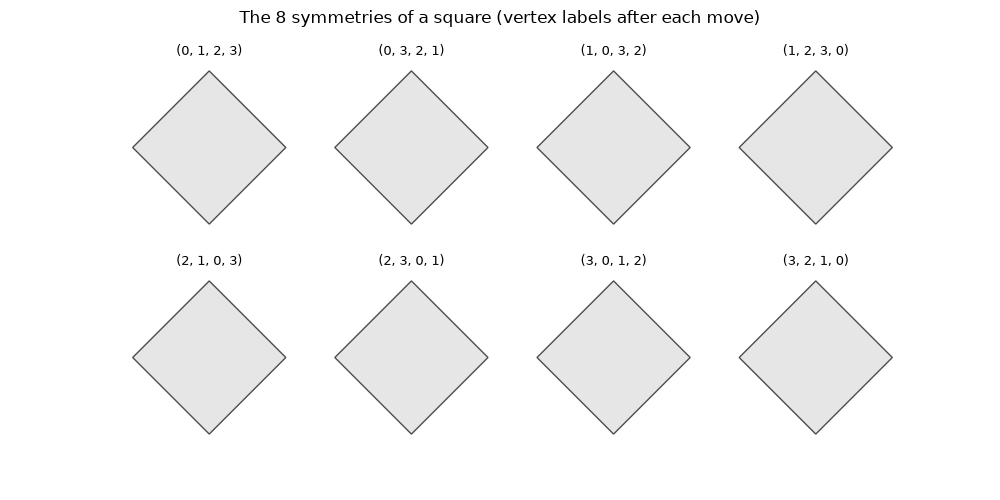 The 8 symmetries of a square (vertex labels after each move), (0, 1, 2, 3), (0, 3, 2, 1), (1, 0, 3, 2), (1, 2, 3, 0), (2, 1, 0, 3), (2, 3, 0, 1), (3, 0, 1, 2), (3, 2, 1, 0)