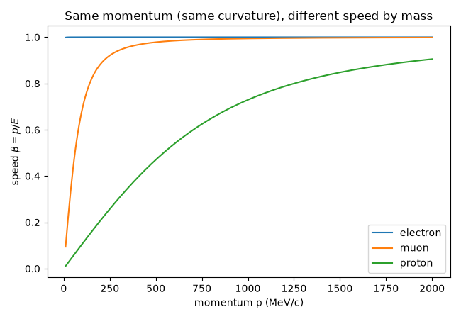 Same momentum (same curvature), different speed by mass