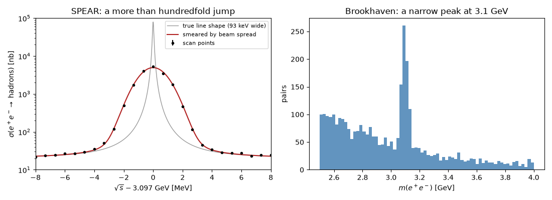 SPEAR: a more than hundredfold jump, Brookhaven: a narrow peak at 3.1 GeV