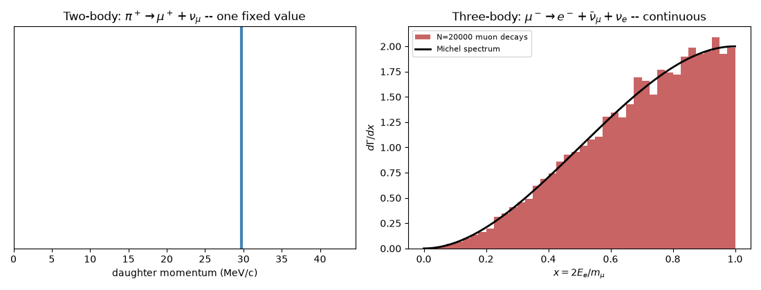 Two-body: $\pi^+\to\mu^++\nu_\mu$ -- one fixed value, Three-body: $\mu^-\to e^-+\bar\nu_\mu+\nu_e$ -- continuous