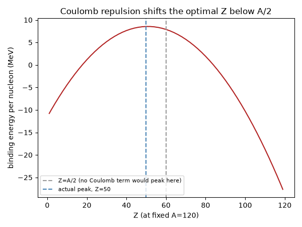 Coulomb repulsion shifts the optimal Z below A/2