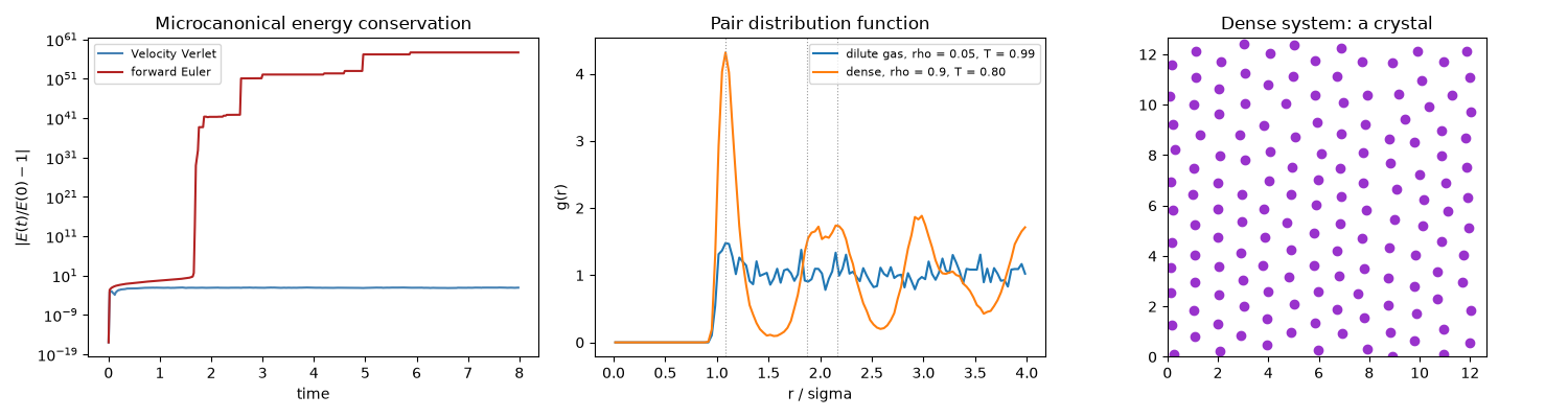 Microcanonical energy conservation, Pair distribution function, Dense system: a crystal