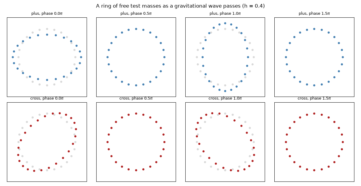 A ring of free test masses as a gravitational wave passes (h = 0.4), plus, phase 0.0$\pi$, plus, phase 0.5$\pi$, plus, phase 1.0$\pi$, plus, phase 1.5$\pi$, cross, phase 0.0$\pi$, cross, phase 0.5$\pi$, cross, phase 1.0$\pi$, cross, phase 1.5$\pi$