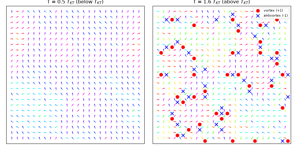 T = 0.5 $T_{KT}$ (below $T_{KT}$), T = 1.6 $T_{KT}$ (above $T_{KT}$)
