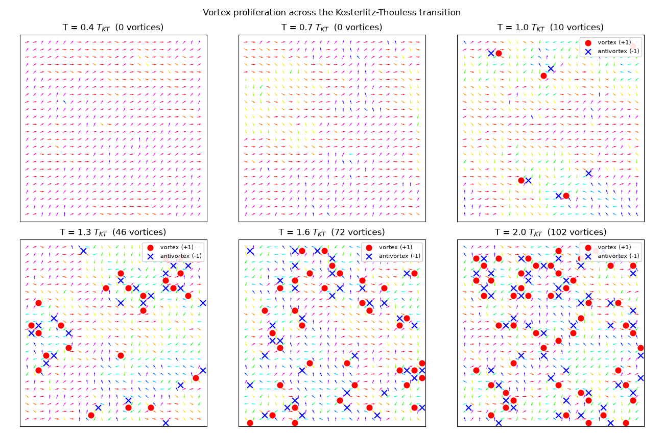 Vortex proliferation across the Kosterlitz-Thouless transition, T = 0.4 $T_{KT}$  (0 vortices), T = 0.7 $T_{KT}$  (0 vortices), T = 1.0 $T_{KT}$  (10 vortices), T = 1.3 $T_{KT}$  (46 vortices), T = 1.6 $T_{KT}$  (72 vortices), T = 2.0 $T_{KT}$  (102 vortices)