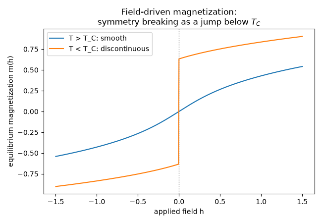 Field-driven magnetization: symmetry breaking as a jump below $T_C$