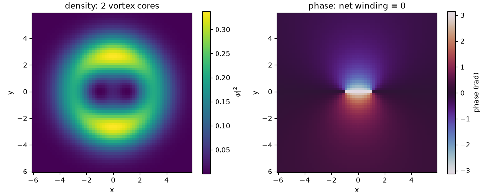 density: 2 vortex cores, phase: net winding = 0