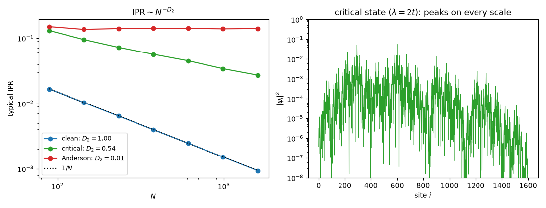 $\mathrm{IPR} \sim N^{-D_2}$, critical state ($\lambda = 2t$): peaks on every scale